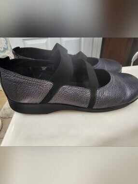 Arcopedico Metallic Gray Slip-On Flats with Elastic Cross Straps